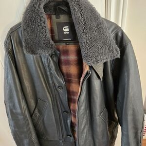 G-Star Black Leather Jacket with Gray Shearling Collar